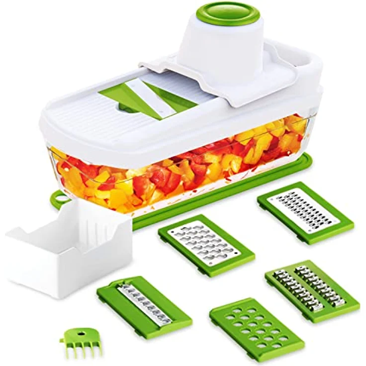 TAVIALO Gemüsehobel Edelstahl Mandoline Set – 6-in-1 mit BPA- und PFOA-freiem Glasbehälter, spülmaschinenfest, ideal für Gemüse, Obst & Meal-Prep – Bild 1