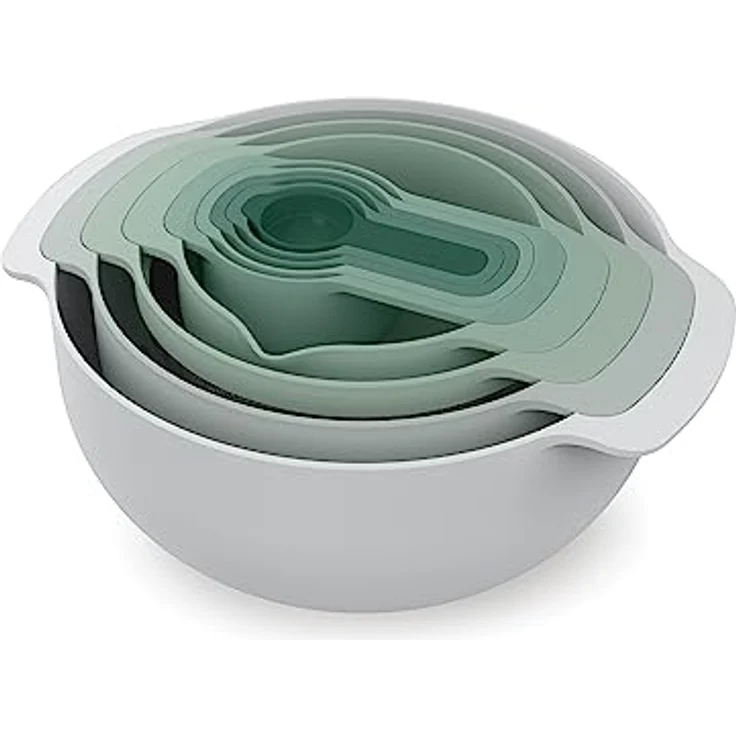 Joseph Joseph Nest 9 Plus, 9-teiliges kompaktes Lebensmittelzubereitungsset mit Rührschüsseln, Messbechern, Sieb und Sieb, Editions Range, Salbeigrün – Bild 1