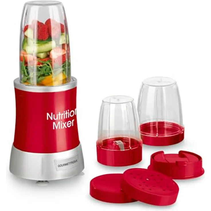 GOURMETmaxx Nutrition Mixer Deluxe 10-teiliges Set für Smoothies & Co. | 22.000 Umdrehungen für extra vitaminreiche Smoothies aus Obst & Gemüse | Inklusive 3 Bechern, To-Go Deckel, Rezepten und mehr – Bild 1