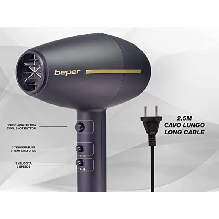 Beper Professioneller Haartrockner mit Wechselstrommotor, HaarFöhn, 2 Geschwindigkeiten und 3 Temperaturen, Warm und Kaltluftbetrieb, Leistung 2400 W Schwarz Gold – Bild 3