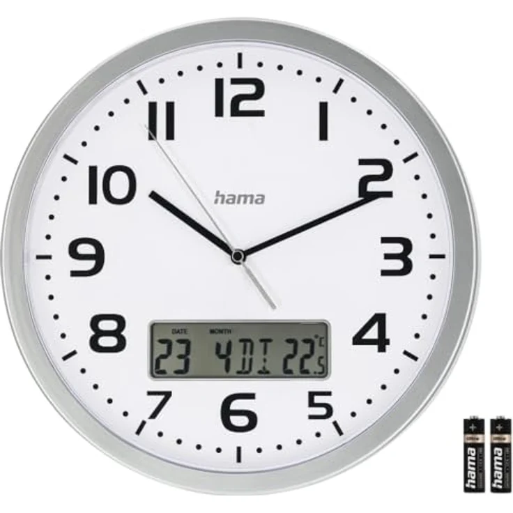 Hama Wanduhr Moorea (DCF Funkuhr, digitale Anzeige von Datum & Temperatur, Zeitzone einstellbar, Ø 30cm, 7 Sprachen, inkl. Batterie) Silber – Bild 5