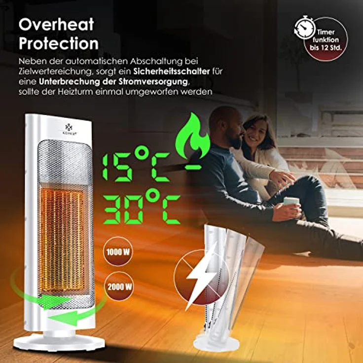 KESSER Heizlüfter mit Fernbedienung energiesparend leise 2000W Keramik Heizstrahler Standheizstrahler 15-30°C - Schnellheizer mit 80° Oszillationsfunktion 24h Timer Heizung Turmheizstrahler Weiß, Heizstrahler – Bild 5