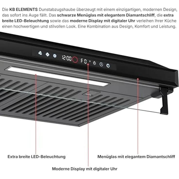 KB ELEMENTS Dunstabzugshaube 60cm, Umluft/Abluft mit 650m³/h, Doppelter Motor, Touch-Gestensteuerung und Multifunktionalem Touch Display – Bild 4