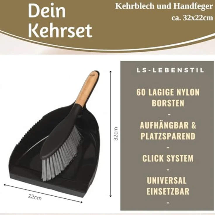 LS-LebenStil Kehrgarnitur 2-teilig, Kehrbesen mit langem Holzgriff und Kehrschaufel, Schwarz/Braun, ergonomisch, Click-System, 32x22 cm – Bild 2