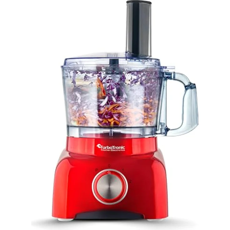 TurboTronic FP800 Küchenmaschine, 800 W mit 1,2 L BPA-freiem Behälter, Zerkleinerer, Zitruspresse, Mixer, multifunktional, schwarz-rot, 13-teiliges Zubehörset – Bild 6