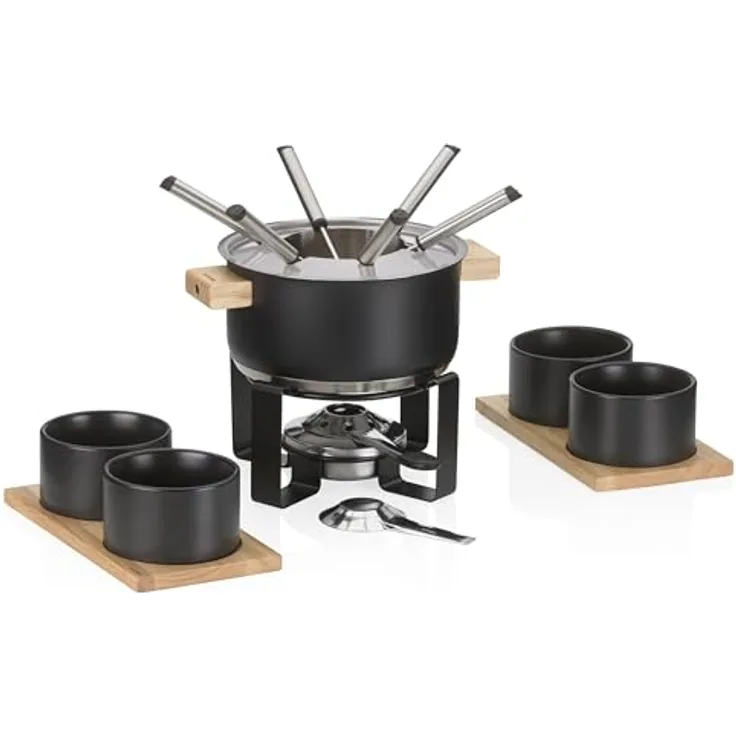 kela Fondue-Set Gunten, Ø 20 cm, 1,6 L, Edelstahl, Schwarz, Induktionsgeeigneter Topf mit Holzgriffen, mit Spritzschutzdeckel, Rechaud und Pastenbrenner, 4 Schälchen auf Holzbrett, 10068