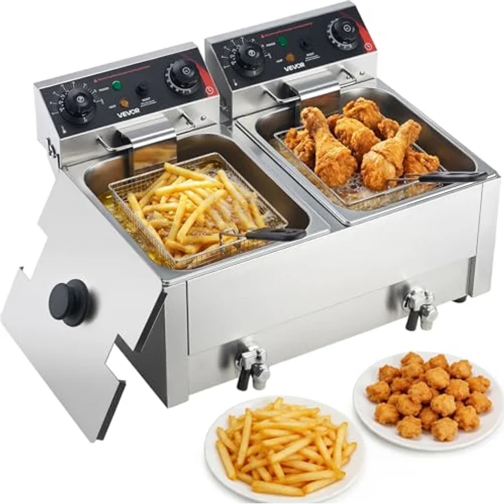 VEVOR Gewerbliche Elektrische 2-Becken-Fritteuse 14 L, 5000 W Edelstahl-Tischfritteuse mit Doppelsteuerung, Temperaturregelung, Timer und Überhitzungsschutz für Restaurant und Imbiss – Bild 1