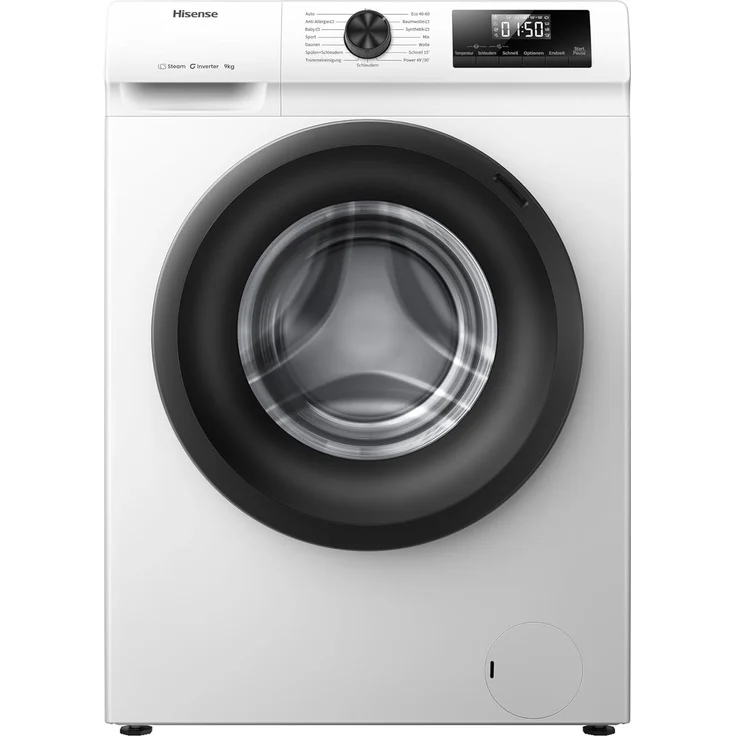 Hisense WF-1-Q-9041-BW, 9 kg Waschmaschine mit Energieeffizienzklasse A, Dampfwäsche und 15-Minuten-Programm, weiß – Bild 1