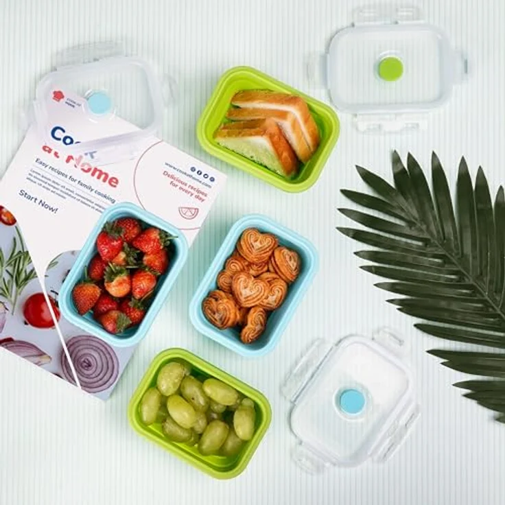 Kurtzy 6er Pack Faltbare Frischhaltedosen aus Silikon, 350 ml, luftdicht, BPA-frei, stapelbar, in grün und blau – Bild 6