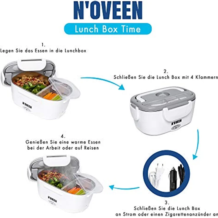 NOVEEN Elektrische Lunchbox LB 410 Grey Speisenwärmer Edelstahl Warmhaltebox Tragbare Food Box für Nahrung, Isolierte Essenstasche Picknicktasche mit Gürtel – Bild 4