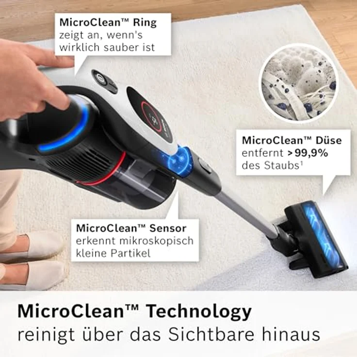 Bosch Akku-Staubsauger Unlimited 9 BTS942WQC, kabellos mit MicroClean Technology, HEPA-Filter, LED-Display, 10 J. Motorgarantie, 2x 4Ah Akku, weiß – Bild 2