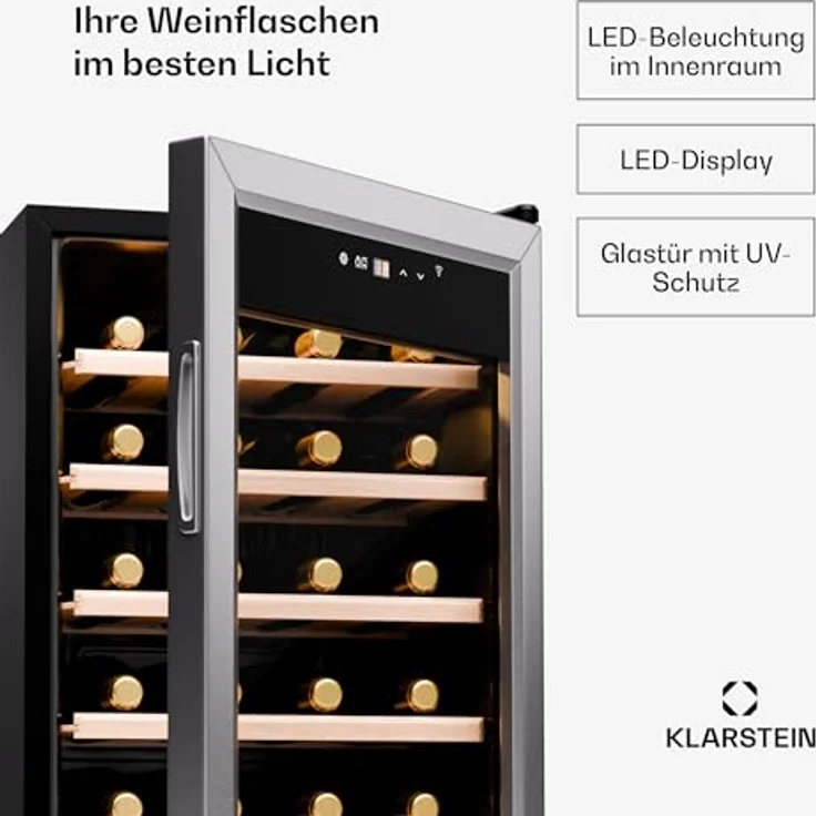 Klarstein Weinkühlschrank, 1 Zone Getränkekühlschrank, Leiser Indoor/Outdoor Kühlschrank, 63 Liter Flaschenkühlschrank Klein, Weinkühler für 24 Flaschen, 5-18°C, Gebürsteter Edelstahl – Bild 4