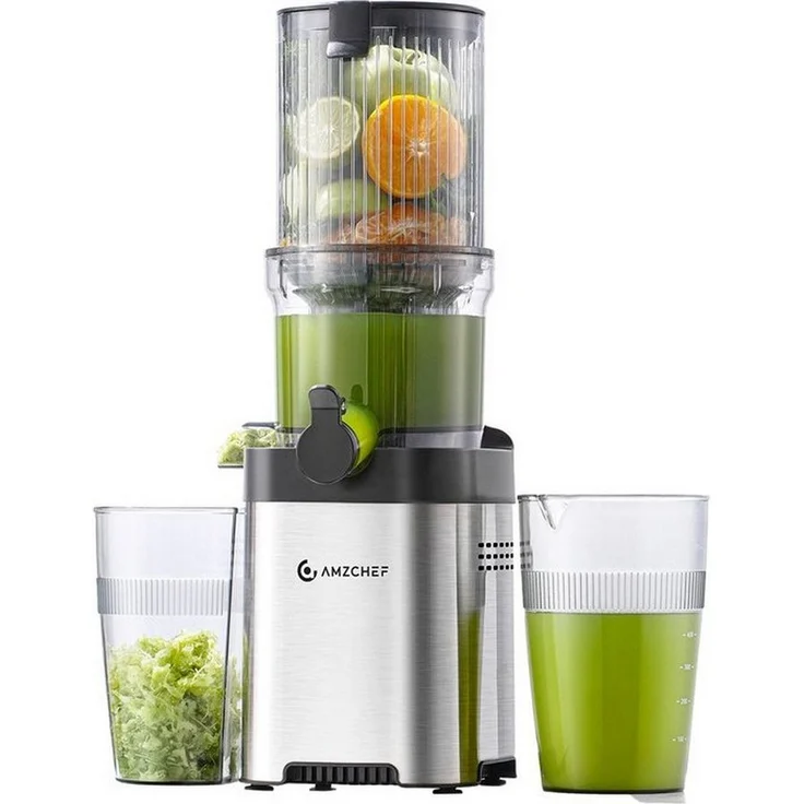 AMZCHEF CE-ZM1902M-SV Slow Juicer, 2in1 Entsafter mit Kaltpressmethode und großzügigem Einfüllschacht, Silber