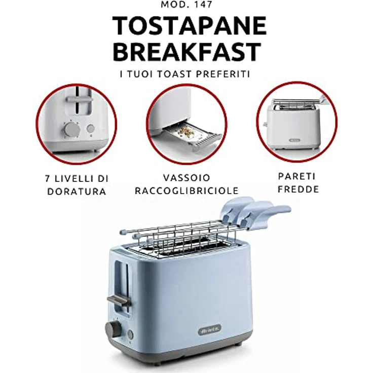 Ariete Breakfast 147 Toaster, Toaster mit 7 Bräunungsstufen, Automatischem Auswurf, Herausnehmbarem Krümelfach, Stopptaste, Inklusive Edelstahlzange, 760W, Weiß – Bild 2
