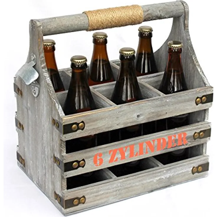 DanDiBo Bierträger 6 Zylinder, Flaschenträger aus Holz mit Flaschenöffner, Grau-Antik, für bis zu 6 Flaschen