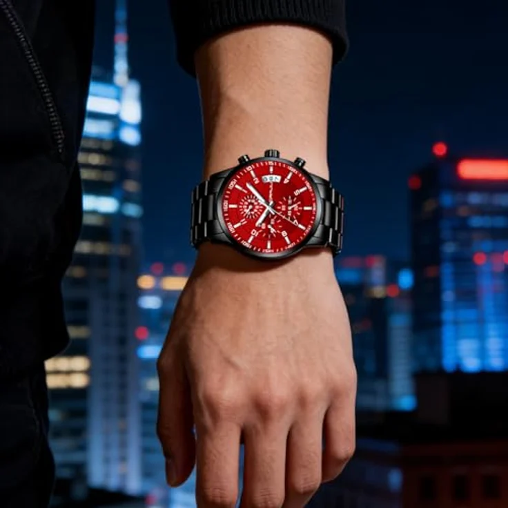 CRRJU Herren Uhr Business Edelstahl Chronograph mit Kalender, wasserdicht, Stoppuhr, Analog Quarzuhr, schwarzes Edelstahlband mit roten Akzenten – Bild 3