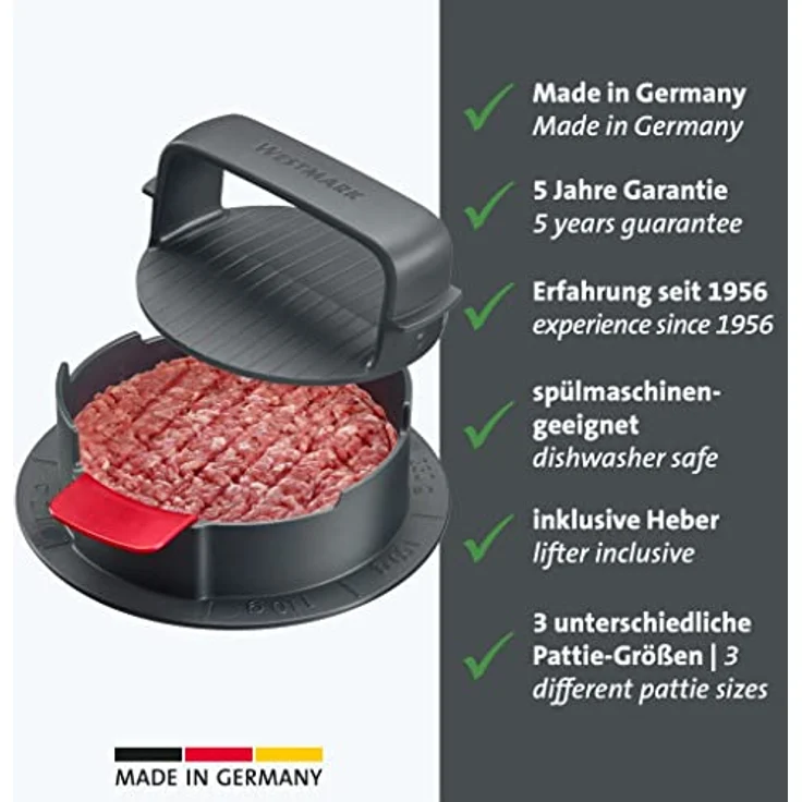 Westmark Hamburgermaker, formt 3 Pattie-Größen, mit Hebevorrichtung, Vario Plus, Kunststoff, Anthrazit/Rot, 62352260 – Bild 2