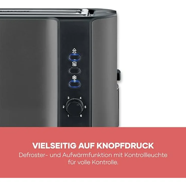 Severin AT 9341 Langschlitz-Toaster, 4-Scheiben Toaster mit 1400 Watt, Schwarz und Edelstahl, Auftaufunktion und Brötchenaufsatz – Bild 8