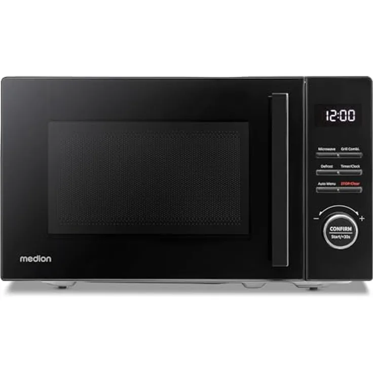 MEDION Mikrowelle mit Grill (20 Liter, 800 Watt Mikrowellen- und 1000 Watt Grillleistung, 9 Automatikprogramme, 5 Leistungsstufen, 95 Minuten Timer, Drehteller, Auftaufunktion, MD12021) schwarz