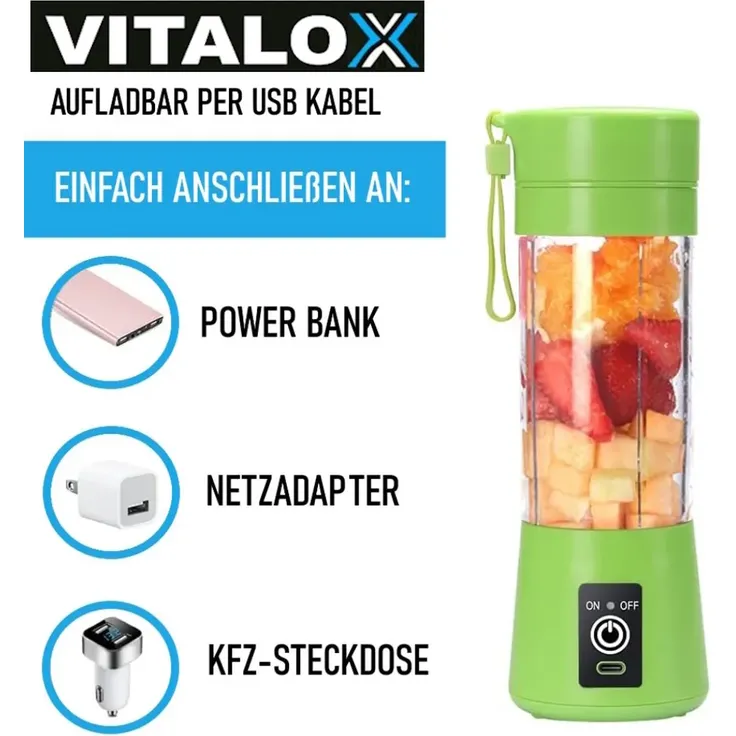 VITALOX Elektrischer Smoothie Maker Standmixer Mini Mixer Blender Shaker m. Akku - Grün 380ml, 6 superscharfe 3D-Klingen, 2000mah 3.7V – Bild 5