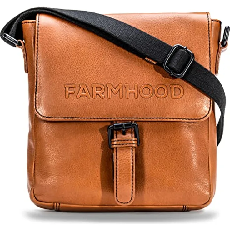 Farmhood Memphis Umhängetasche, Leder Handtasche 22 cm mit Reißverschlussfächern, Braun