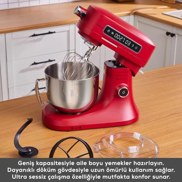 Karaca Pro Artisan Küchenmaschine, 1600W mit Digital Display, Gusseisen Gehäuse, 5L Edelstahltrichter, Rot – Bild 3