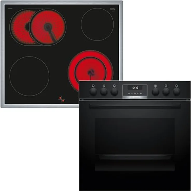 Bosch HND611LS62 Einbauherd-Set, HEG517BB3 Herd 60 cm, 3D Heißluft, Hydrolyse, LED Display & NKN645GA2E Elektro-Kochfeld mit Bräterzone, Edelstahlrahmen