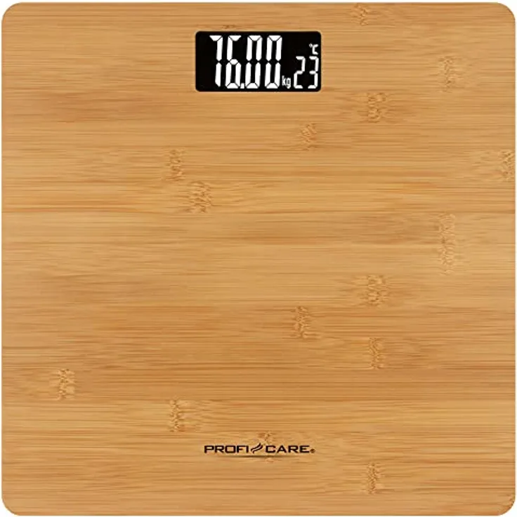 ProfiCare PC-PW 3103 Personenwaage aus echtem Bambus, Personenwaage digital mit gut ablesbarem LCD-Display inkl. Raum-Temperatur-Anzeige, Waage-Messbereich 5-180kg, Holz-Oberfläche