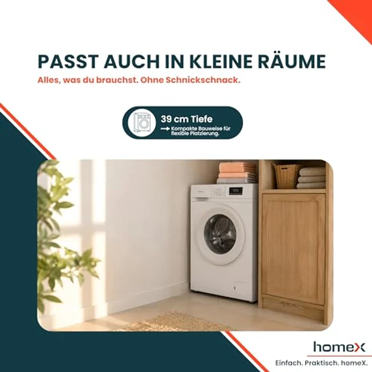 homeX WF610K1A-W Waschmaschine 6 kg, Frontlader, 1.000 U/Min, AquaStop, Inverter Motor, 14 Programme, 39 cm Tiefe, weiß – Bild 9