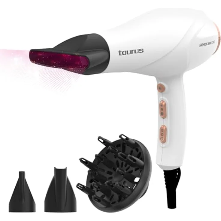 Taurus Fashion Ionic Haartrockner, 2600 W mit professionellem AC-Motor, Ionen-Technologie, 3 Temperaturstufen und 2 Geschwindigkeitsstufen, inklusive Konzentrator und 2 Diffusoren