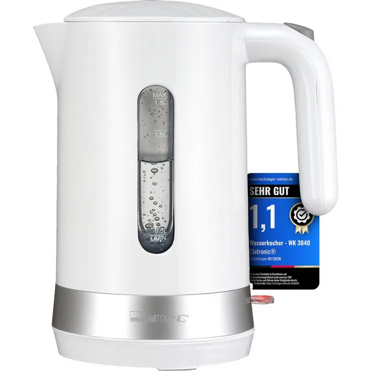 CLATRONIC WK 3840 Wasserkocher, 1,8L, 2200W, kabellos, BPA-frei mit Sicherheitsklappdeckel und Kalkfilter