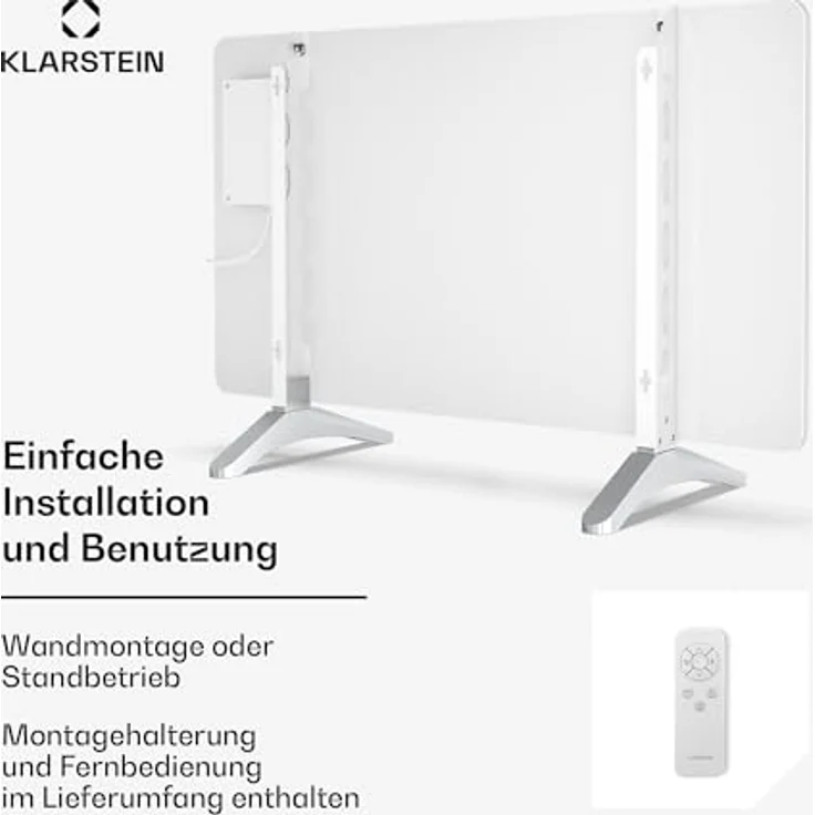 Klarstein Infrarotheizung 480W – Wandmontage & Standgerät, Thermostat, App-Steuerung, IP43, Überhitzungsschutz, Glas-Design, Weiß – Bild 4