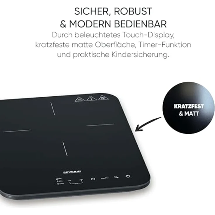 SEVERIN KP 1032, Induktionskochplatte mit Glaskeramik-Kochfeld, 10 Leistungsstufen, Touch-Display mit Timerfunktion, 2.000 Watt, schwarz / Glas – Bild 4