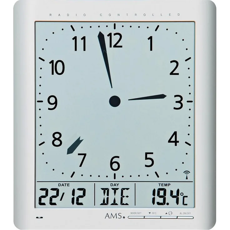 AMS Funkwanduhr F5898 (Quarzuhr, mit Alarm, Datum, misst Raumtemperatur und Luftfeuchtigkeit, schwarz)
