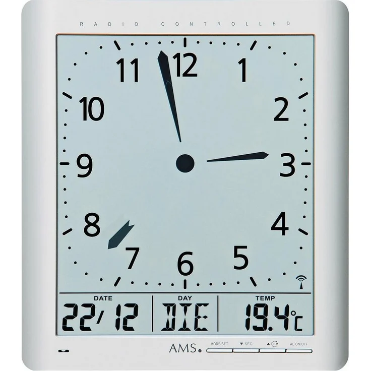 AMS Funkwanduhr F5898 (Quarzuhr, mit Alarm, Datum, misst Raumtemperatur und Luftfeuchtigkeit, schwarz)