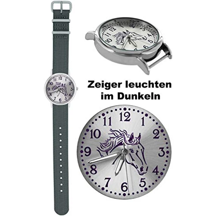Pacific Time Mädchen Uhr Pferde, analog Quarz mit leuchtenden Zeigern und grauem Textil-Wechselarmband, 3,2 cm Gehäusedurchmesser – Bild 4