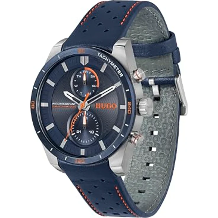 "HUGO Multifunktionsuhr #FAST 1530371, Herrenuhr mit blauem Zifferblatt und Lederarmband" – Bild 2