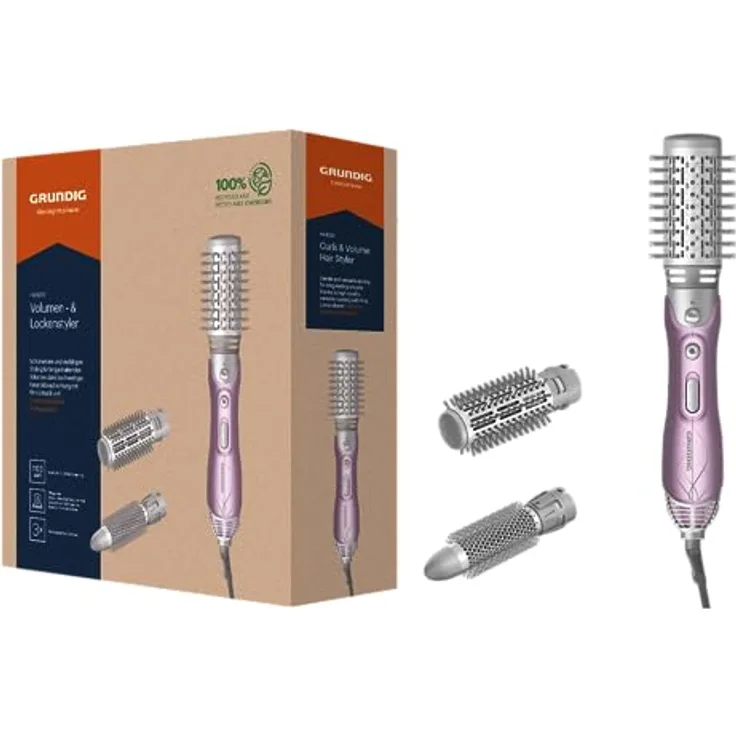 GRUNDIG HS 6220 Volumen- und Lockenstyler, 1100W, 3 Thermobürsten, Keramikbeschichtung mit Pink-Lotusöl, Überhitzungsschutz, geeignet für alle Haarlängen, Rosé/Silber