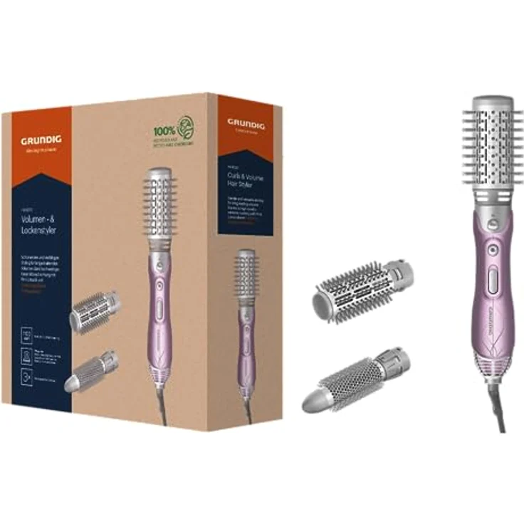 GRUNDIG HS 6220 Volumen- und Lockenstyler, 1100W, 3 Thermobürsten, Keramikbeschichtung mit Pink-Lotusöl, Überhitzungsschutz, geeignet für alle Haarlängen, Rosé/Silber – Bild 1