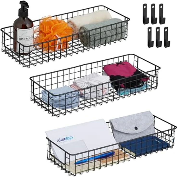 Relaxdays Drahtkorb 3er Set, Wand Aufbewahrungskörbe, Schwarz, HxBxT: 7,5 x 41 x 16 cm, Metall mit Griffen, für vielseitige Nutzung – Bild 1