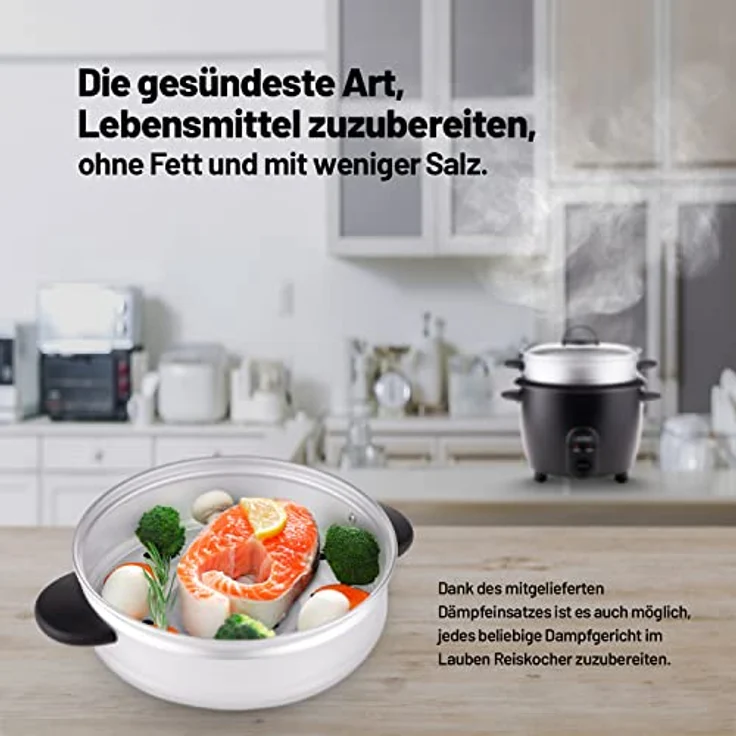 Lauben Rice Cooker 600BC Klein 0,6l, Metall-Dampfeinsatz, Glasdeckel, Dampfgarer, Antihaft, Cool-Touch, Warmhaltefunktion – Bild 3
