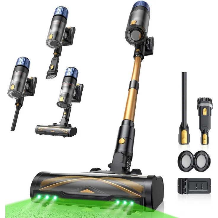 Proscenic P15 Akku-Hand- und Stielstaubsauger, 580W mit 60 kPa Saugkraft, 70 Min Laufzeit, beutellos, grüne LED-Scheinwerfer, 1,5L Staubbehälter