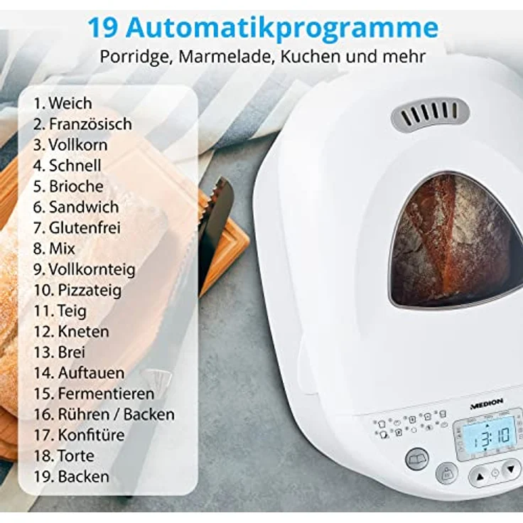 MEDION Brotbackautomat (Brotbackmaschine, 550 Watt, bis zu 1000g, 19 Backprogramme, 3 Bräunungsgrade, Warmhaltefunktion, Zeitvorwahl MD 11011) – Bild 2