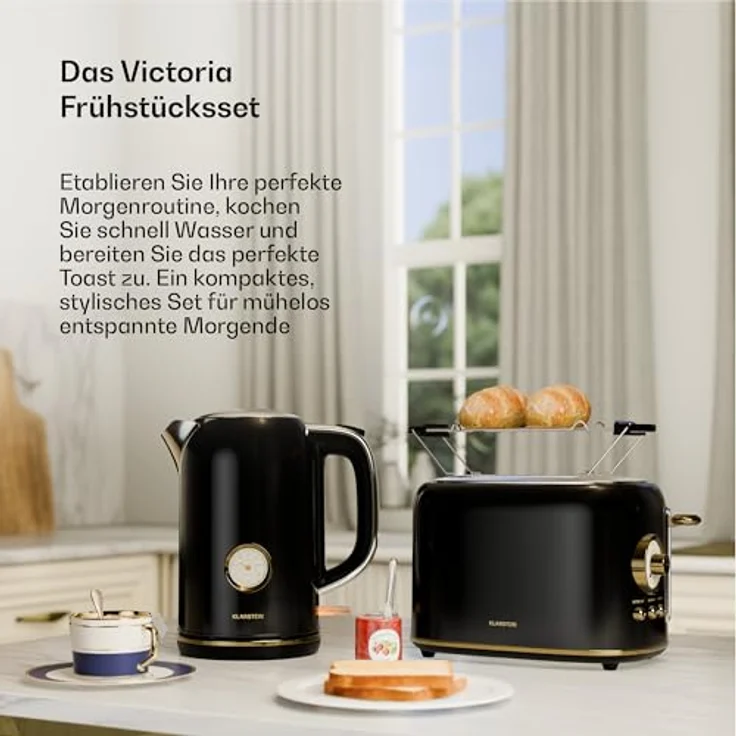 Klarstein Victoria Toaster Wasserkocher Set, Retro Design, 2 Scheiben Toaster mit 7 Bräunungsstufen & Brötchenaufsatz, 1,7L Wasserkocher mit Kalkfilter, Schwarz – Bild 3
