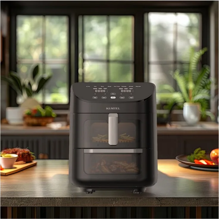Opviq Heißluftfritteuse HAF-11, 1850 W, 8 Kochprogramme, Dual-Zone-System, Rapid-Air-Technologie, bis 230 °C, schwarz