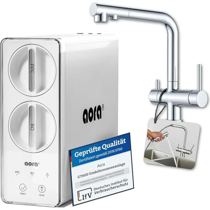 AORA GT600 Wasserhahn-Wasserfilter, Umkehrosmose 8-stufig, tanklos, mit LUNA Armatur Chrom, hohe Wasserreinheit bis 99,99 % – Bild 1