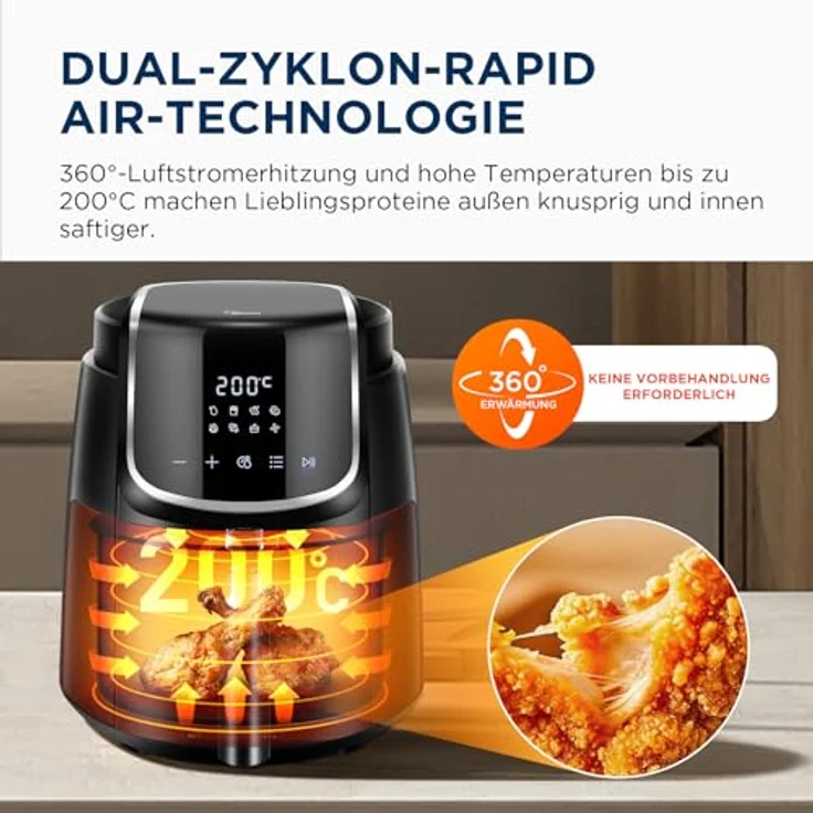 Midea Heißluftfritteuse 4L AirFryer, LED-Touchscreen, 35-200°C, 8 Kochfunktionen, spülmaschinenfest, HeatXpress Technologie, 90% weniger Öl, 41 Rezepte – Bild 3