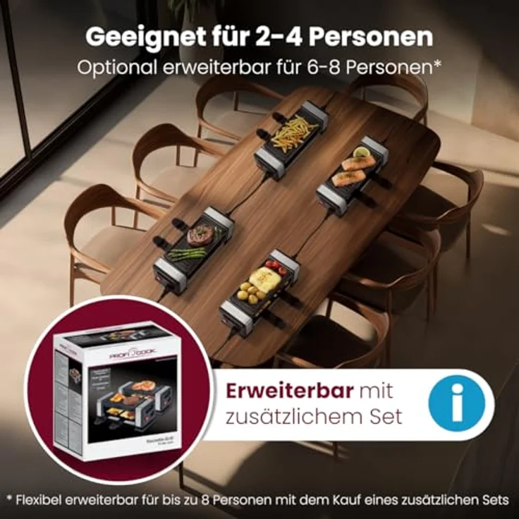 ProfiCook Raclette PC-RG 1324, erweiterbarer Raclette-Grill für 2-8 Personen, antihaftbeschichtet, 700 Watt – Bild 2