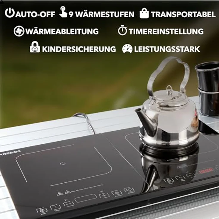 Arebos Doppel-Induktionskochplatte 3500W, tragbar mit 2 Kochzonen, Touch-Display, Timer, Überhitzungsschutz und energieeffizientem Design für Camping und Outdoor – Bild 2