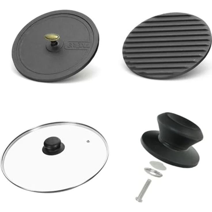 4BIG.fun Ø28cm Grillpfanne aus Gusseisen Bräter mit Pressdeckel Glasdeckel Pfannenwender Schmortopf zwei Griffe Servierpfanne Grill, Schwarz – Bild 3